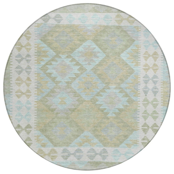 HomeRoots 8' Round Tribal Area Rug in Sage, Sky Blue & Copper - Washable, Durable for Indoor & Outdoor Use 625758