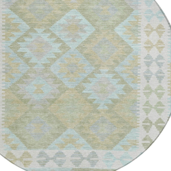 HomeRoots 8' Round Tribal Area Rug in Sage, Sky Blue & Copper - Washable, Durable for Indoor & Outdoor Use 625758