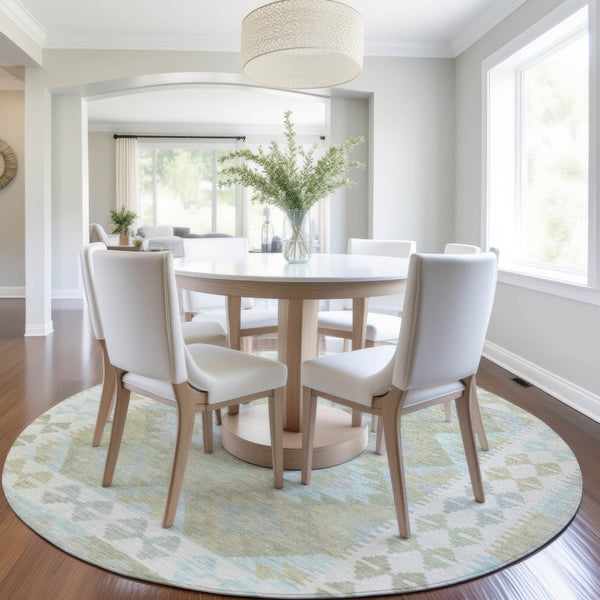 HomeRoots 8' Round Tribal Area Rug in Sage, Sky Blue & Copper - Washable, Durable for Indoor & Outdoor Use 625758