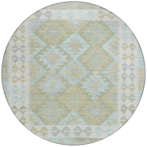 HomeRoots 8' Round Tribal Area Rug in Sage, Sky Blue & Copper - Washable, Durable for Indoor & Outdoor Use 625758