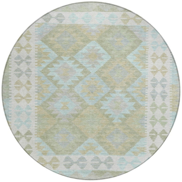HomeRoots 8' Round Tribal Area Rug in Sage, Sky Blue & Copper - Washable, Durable for Indoor & Outdoor Use 625758