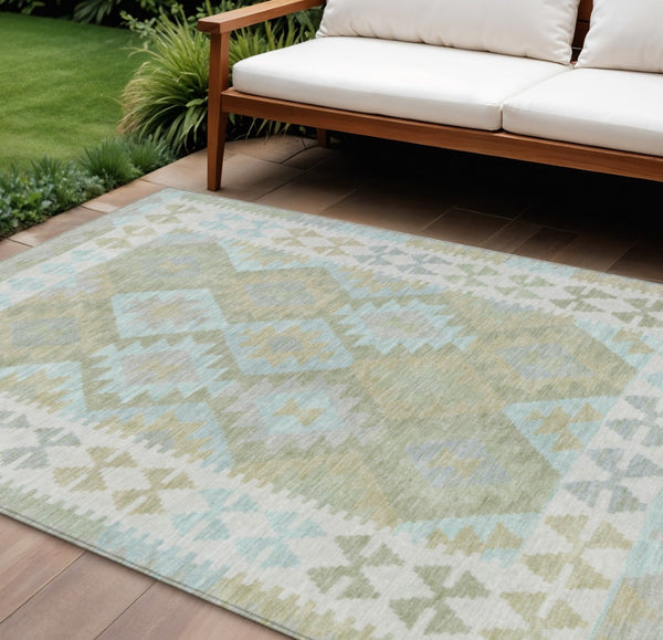 HomeRoots 9' X 12' Stylish Sage Sky Blue & Copper Tribal Washable Area Rug for Indoor & Outdoor Use 625760