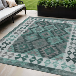 HomeRoots 5' X 8' Pale Aqua Ivory Gray Tribal Rug - Washable, Durable, Non-Slip Design for Indoor & Outdoor Use 625763