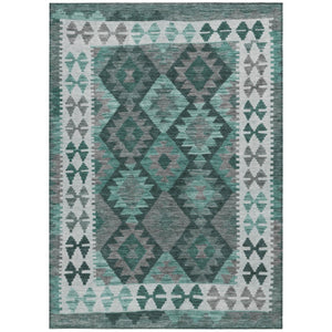 HomeRoots 5' X 8' Pale Aqua Ivory Gray Tribal Rug - Washable, Durable, Non-Slip Design for Indoor & Outdoor Use 625763