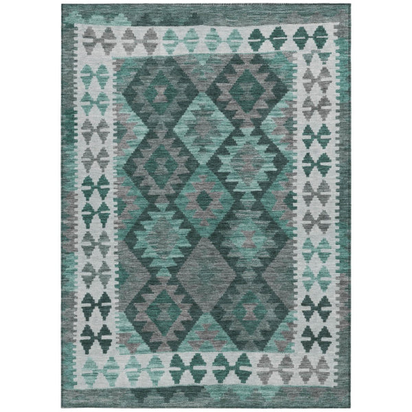 HomeRoots 5' X 8' Pale Aqua Ivory Gray Tribal Rug - Washable, Durable, Non-Slip Design for Indoor & Outdoor Use 625763