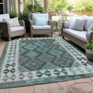 HomeRoots 5' X 8' Pale Aqua Ivory Gray Tribal Rug - Washable, Durable, Non-Slip Design for Indoor & Outdoor Use 625763