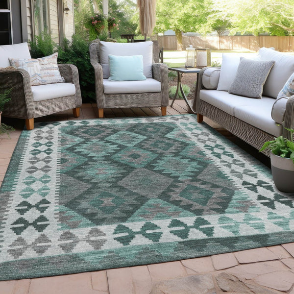 HomeRoots 5' X 8' Pale Aqua Ivory Gray Tribal Rug - Washable, Durable, Non-Slip Design for Indoor & Outdoor Use 625763