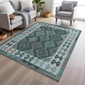 HomeRoots 5' X 8' Pale Aqua Ivory Gray Tribal Rug - Washable, Durable, Non-Slip Design for Indoor & Outdoor Use 625763
