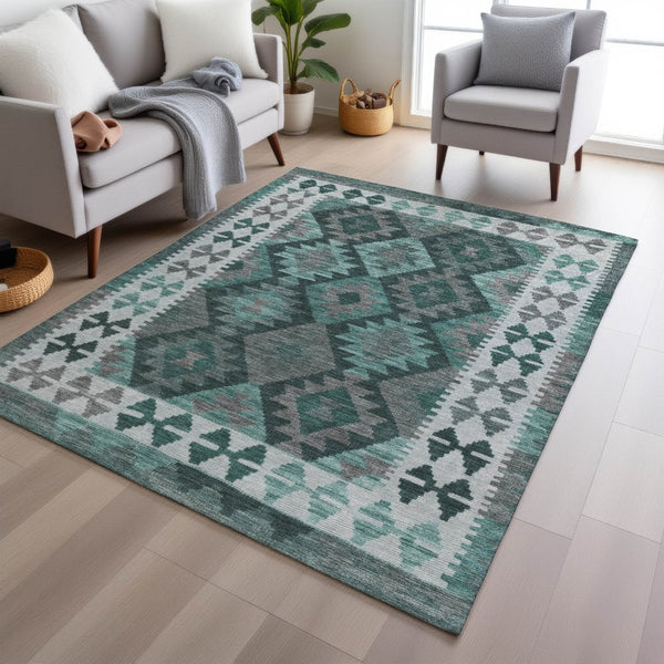 HomeRoots 5' X 8' Pale Aqua Ivory Gray Tribal Rug - Washable, Durable, Non-Slip Design for Indoor & Outdoor Use 625763