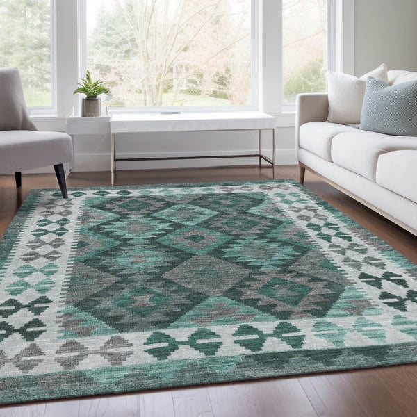 HomeRoots 5' X 8' Pale Aqua Ivory Gray Tribal Rug - Washable, Durable, Non-Slip Design for Indoor & Outdoor Use 625763