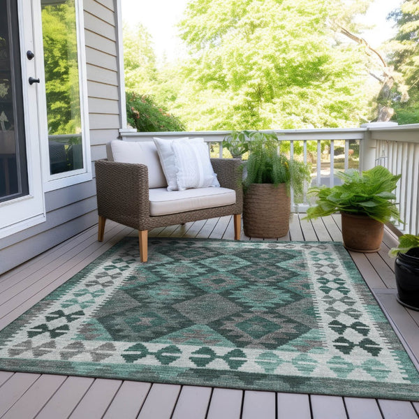 HomeRoots 5' X 8' Pale Aqua Ivory Gray Tribal Rug - Washable, Durable, Non-Slip Design for Indoor & Outdoor Use 625763