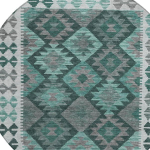 HomeRoots 8' Round Tribal Area Rug in Pale Aqua, Ivory & Gray – Washable, Durable for Indoor/Outdoor Spaces 625764