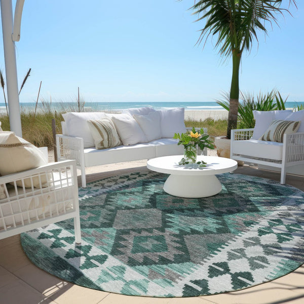 HomeRoots 8' Round Tribal Area Rug in Pale Aqua, Ivory & Gray – Washable, Durable for Indoor/Outdoor Spaces 625764