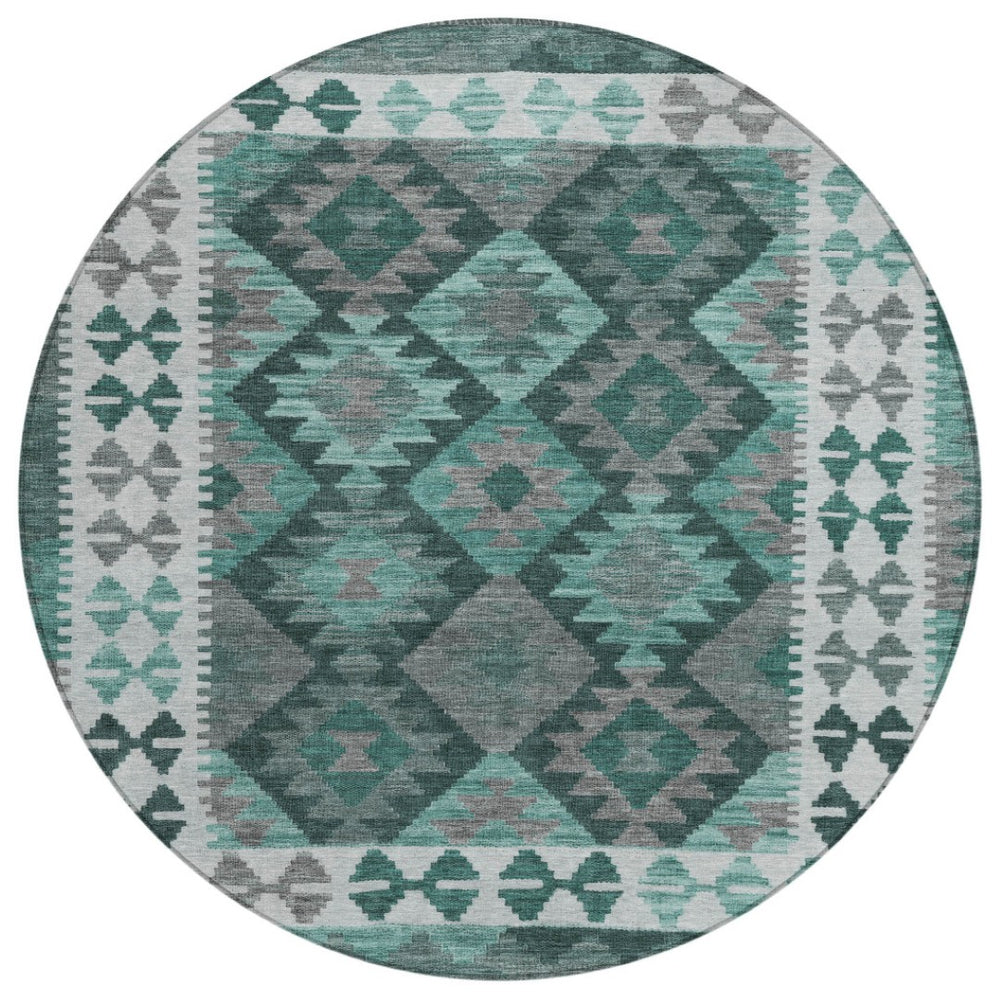 HomeRoots 8' Round Tribal Area Rug in Pale Aqua, Ivory & Gray – Washable, Durable for Indoor/Outdoor Spaces 625764