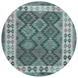 HomeRoots 8' Round Tribal Area Rug in Pale Aqua, Ivory & Gray – Washable, Durable for Indoor/Outdoor Spaces 625764