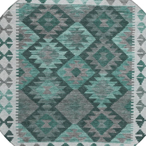 HomeRoots 8' Round Tribal Area Rug in Pale Aqua, Ivory & Gray – Washable, Durable for Indoor/Outdoor Spaces 625764