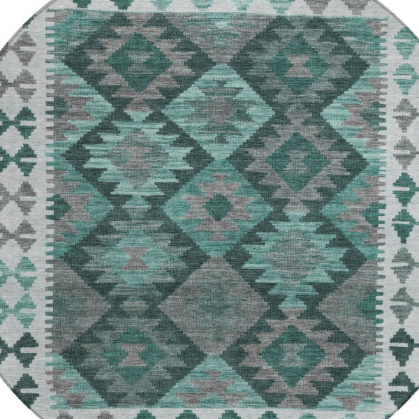 HomeRoots 8' Round Tribal Area Rug in Pale Aqua, Ivory & Gray – Washable, Durable for Indoor/Outdoor Spaces 625764