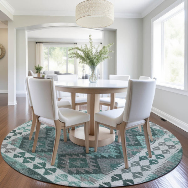 HomeRoots 8' Round Tribal Area Rug in Pale Aqua, Ivory & Gray – Washable, Durable for Indoor/Outdoor Spaces 625764