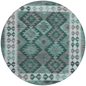 HomeRoots 8' Round Tribal Area Rug in Pale Aqua, Ivory & Gray – Washable, Durable for Indoor/Outdoor Spaces 625764