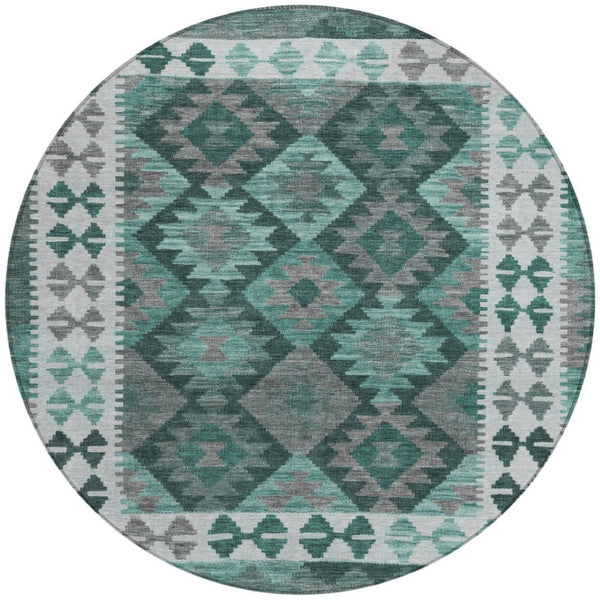 HomeRoots 8' Round Tribal Area Rug in Pale Aqua, Ivory & Gray – Washable, Durable for Indoor/Outdoor Spaces 625764