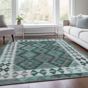 HomeRoots 8' X 10' Pale Aqua Tribal Area Rug - Stylish, Washable Indoor/Outdoor Design for High-Traffic Spaces 625765