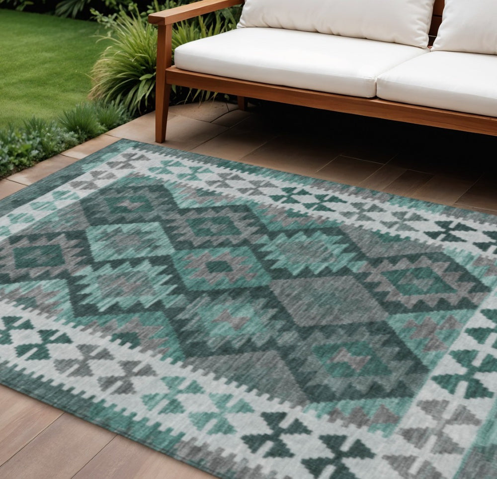 HomeRoots 10' Pale Aqua, Ivory & Gray Tribal Washable Area Rug – Durable Indoor/Outdoor Style for Any Space 625767