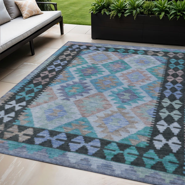 HomeRoots 5' X 8' Tribal Washable Area Rug in Teal Blue, Charcoal & Copper – Perfect for Indoor & Outdoor Use! 625769