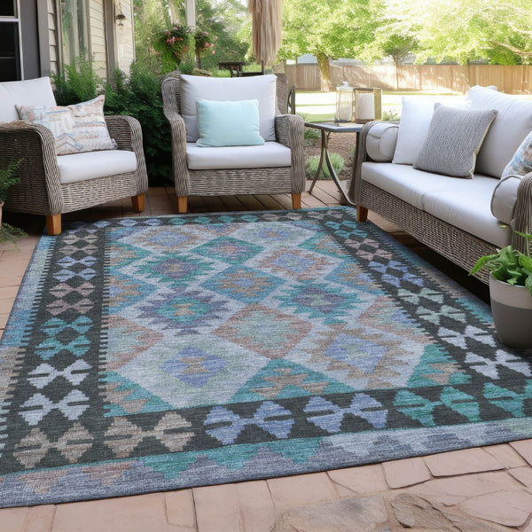 HomeRoots 5' X 8' Tribal Washable Area Rug in Teal Blue, Charcoal & Copper – Perfect for Indoor & Outdoor Use! 625769
