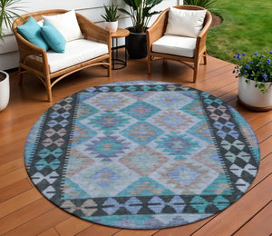 HomeRoots 8' Teal Blue Charcoal & Copper Round Tribal Area Rug - Washable, Durable for Indoor & Outdoor Use 625770