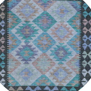 HomeRoots 8' Teal Blue Charcoal & Copper Round Tribal Area Rug - Washable, Durable for Indoor & Outdoor Use 625770