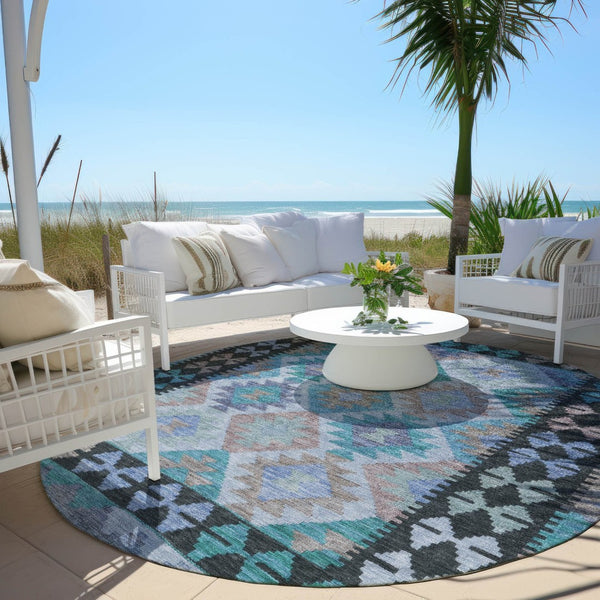HomeRoots 8' Teal Blue Charcoal & Copper Round Tribal Area Rug - Washable, Durable for Indoor & Outdoor Use 625770