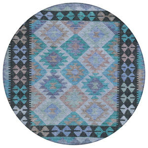 HomeRoots 8' Teal Blue Charcoal & Copper Round Tribal Area Rug - Washable, Durable for Indoor & Outdoor Use 625770