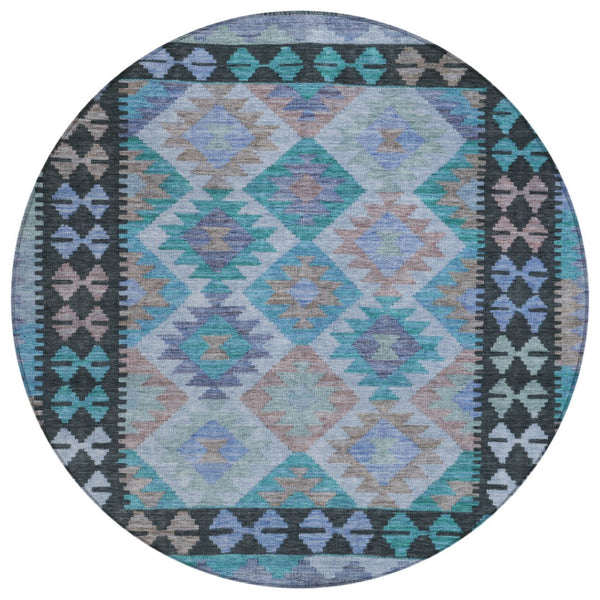 HomeRoots 8' Teal Blue Charcoal & Copper Round Tribal Area Rug - Washable, Durable for Indoor & Outdoor Use 625770