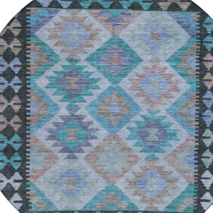 HomeRoots 8' Teal Blue Charcoal & Copper Round Tribal Area Rug - Washable, Durable for Indoor & Outdoor Use 625770