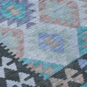 HomeRoots 8' Teal Blue Charcoal & Copper Round Tribal Area Rug - Washable, Durable for Indoor & Outdoor Use 625770