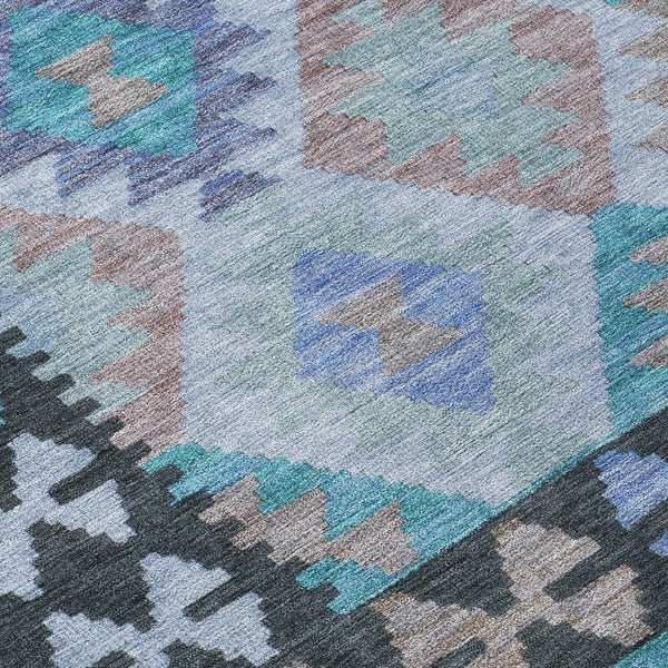 HomeRoots 8' Teal Blue Charcoal & Copper Round Tribal Area Rug - Washable, Durable for Indoor & Outdoor Use 625770