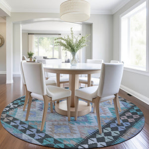 HomeRoots 8' Teal Blue Charcoal & Copper Round Tribal Area Rug - Washable, Durable for Indoor & Outdoor Use 625770