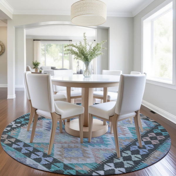 HomeRoots 8' Teal Blue Charcoal & Copper Round Tribal Area Rug - Washable, Durable for Indoor & Outdoor Use 625770