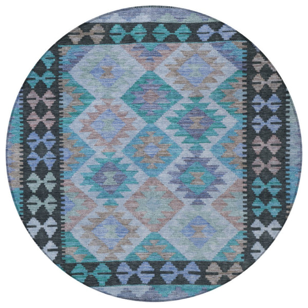 HomeRoots 8' Teal Blue Charcoal & Copper Round Tribal Area Rug - Washable, Durable for Indoor & Outdoor Use 625770