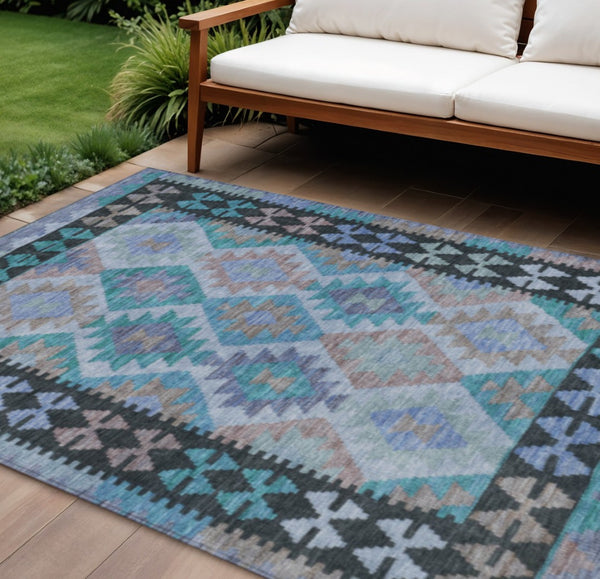 HomeRoots 8' X 10' Stylish Teal Blue Tribal Area Rug - Durable, Washable for Indoor & Outdoor Use, Easy Care 625771