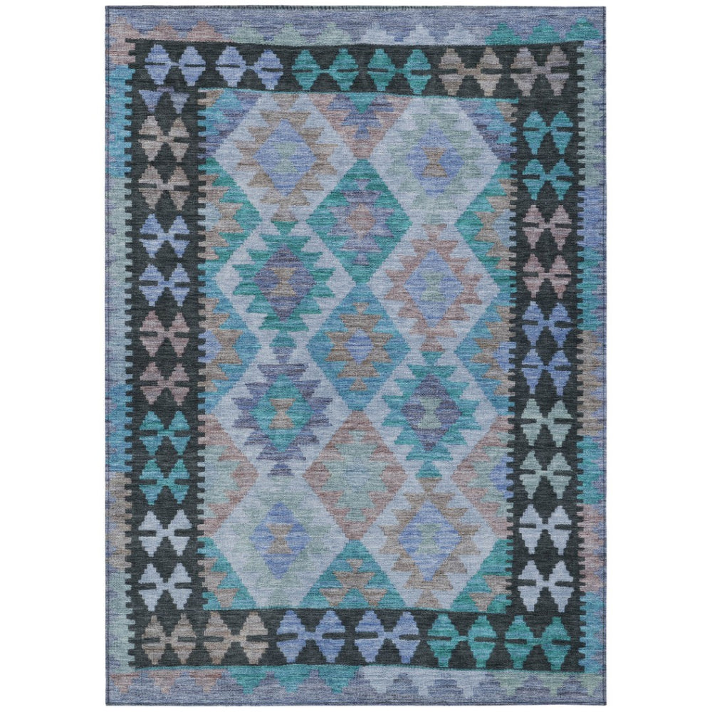 HomeRoots 8' X 10' Stylish Teal Blue Tribal Area Rug - Durable, Washable for Indoor & Outdoor Use, Easy Care 625771