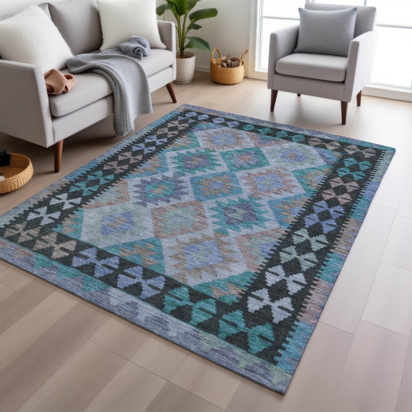 HomeRoots 8' X 10' Stylish Teal Blue Tribal Area Rug - Durable, Washable for Indoor & Outdoor Use, Easy Care 625771