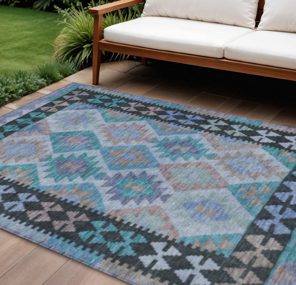 HomeRoots 9' X 12' Teal Blue Charcoal Copper Tribal Rug - Indoor Outdoor, Machine Washable, Durable & Stylish 625772