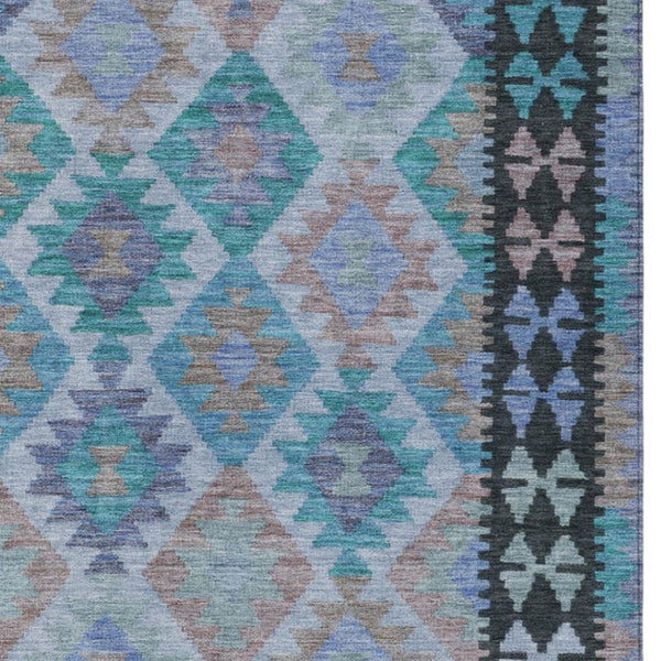 HomeRoots 9' X 12' Teal Blue Charcoal Copper Tribal Rug - Indoor Outdoor, Machine Washable, Durable & Stylish 625772