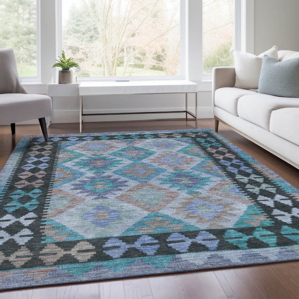 HomeRoots 9' X 12' Teal Blue Charcoal Copper Tribal Rug - Indoor Outdoor, Machine Washable, Durable & Stylish 625772