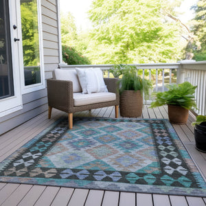 HomeRoots 9' X 12' Teal Blue Charcoal Copper Tribal Rug - Indoor Outdoor, Machine Washable, Durable & Stylish 625772