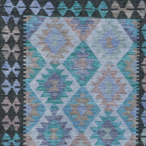 HomeRoots 10' X 14' Teal Blue Charcoal Copper Tribal Rug - Washable, Durable, Indoor/Outdoor for All Spaces! 625773
