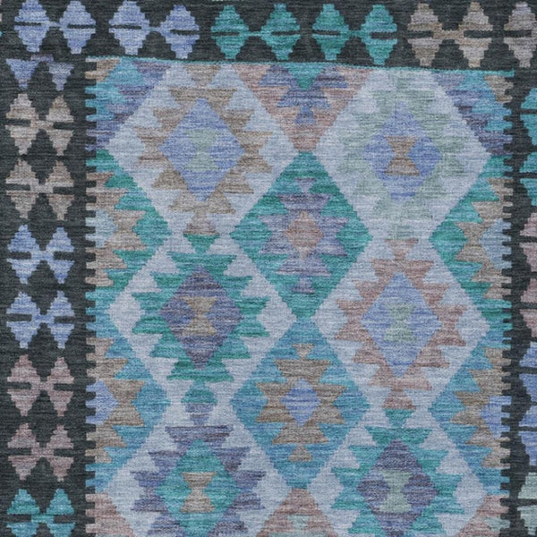 HomeRoots 10' X 14' Teal Blue Charcoal Copper Tribal Rug - Washable, Durable, Indoor/Outdoor for All Spaces! 625773