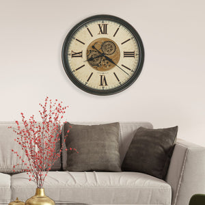 Hekman Furniture 625790 Antique Black Metal Wall Clock With Roman Numerals, Moving Gears, And Elegant Brass Accents  Hansel Wall Clock 625790