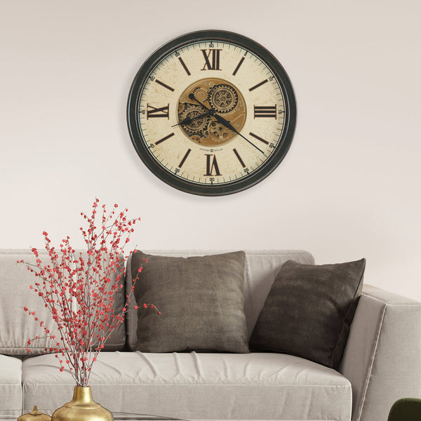 Hekman Furniture 625790 Antique Black Metal Wall Clock With Roman Numerals, Moving Gears, And Elegant Brass Accents  Hansel Wall Clock 625790